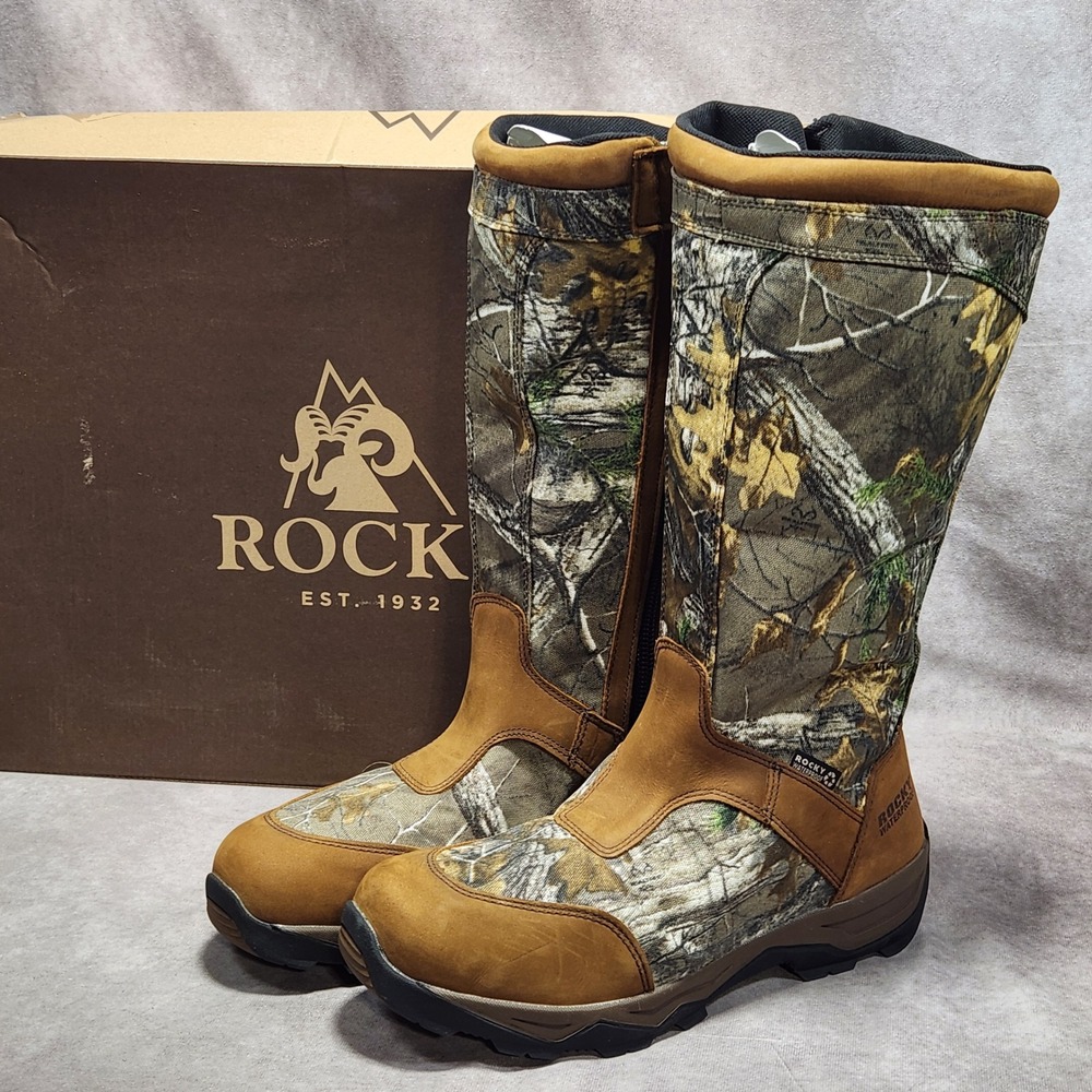 Rocky Retraction Snake Boots Mens 12W Brown Camo Waterproof Side Zip RKS0243 NEW